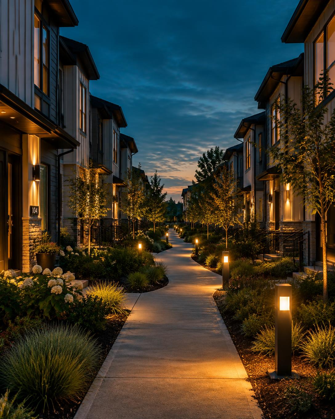 Townhome community lit by warm LED pathway and wall lighting at dusk
