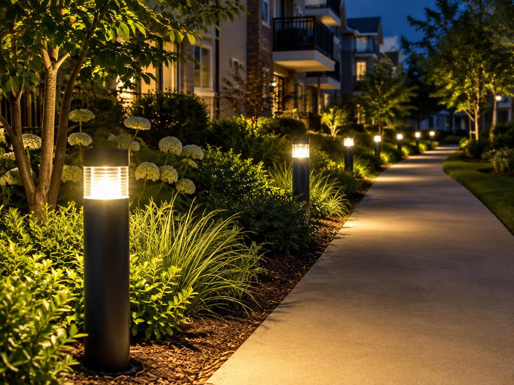 Glowing pathway bollard lights along a landscaped community walkway at night