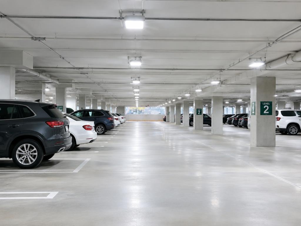 Bright LED-lit multi-level parking garage interior
