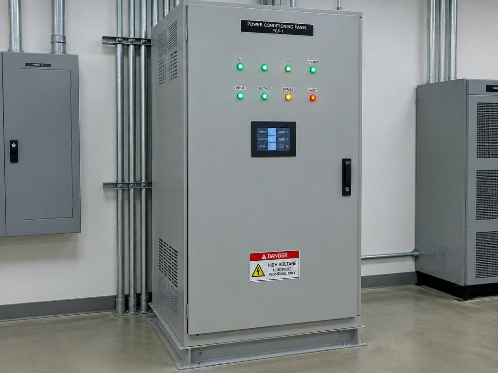 Power conditioning panel with LED status lights in a utility room